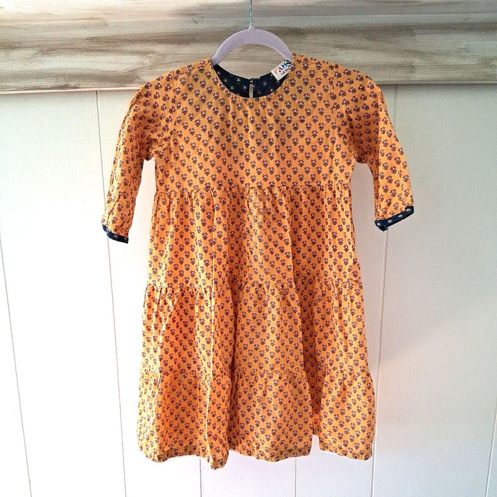 Tiered Dress Girls Size 7 8 Years Golden Yellow Floral Prairie Boho Cotton M